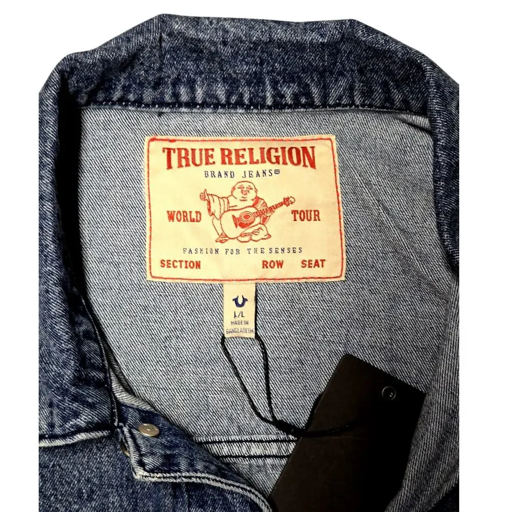 True Religion Men’s Denim Trucker Jacket Logo Taping Blue Jean Coat Large New